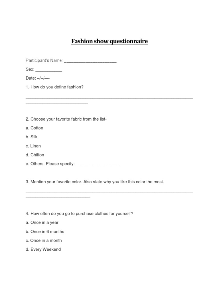 Sample Fashion Show Questionnaire Cultural Trends Clothing