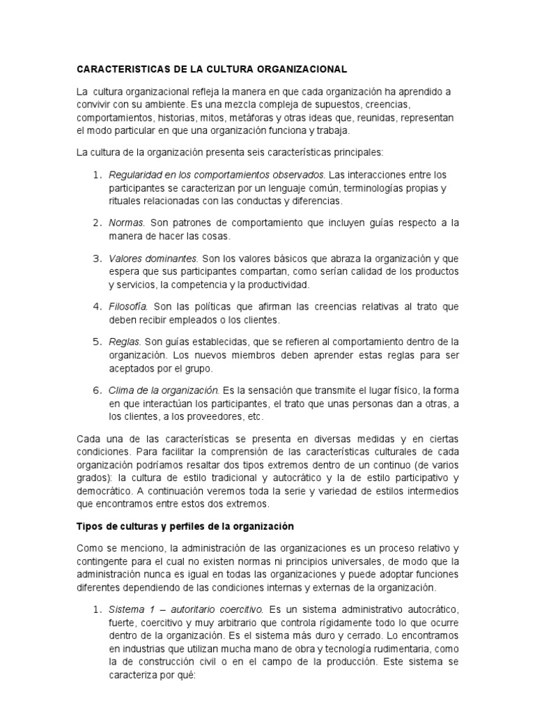 Características de la Cultura Organizacional | PDF | Comportamiento ...