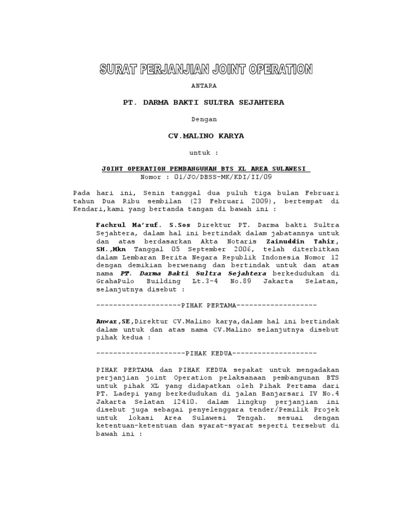 Perjanjian Kontrak Joint Operation Pembangunan Bts Xl Area Sulawesi Dengan Cv Adam Mulia Pratama