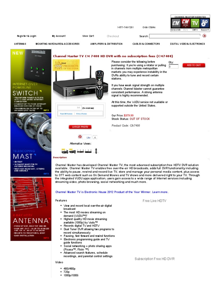 Channel Master TV CM 7400 HD DVR With No Subscription Fees (CM7400