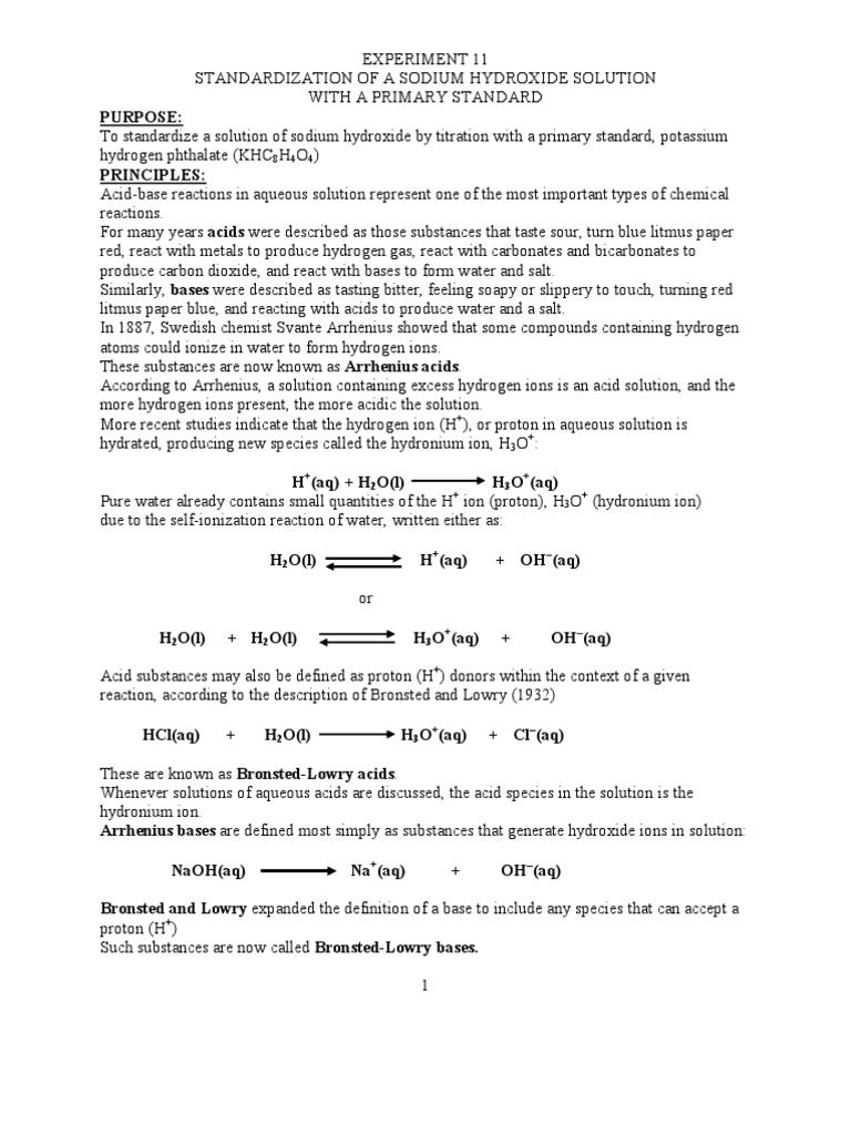 Standardization of Sodium Hydroxide | Acid | Sodium Hydroxide