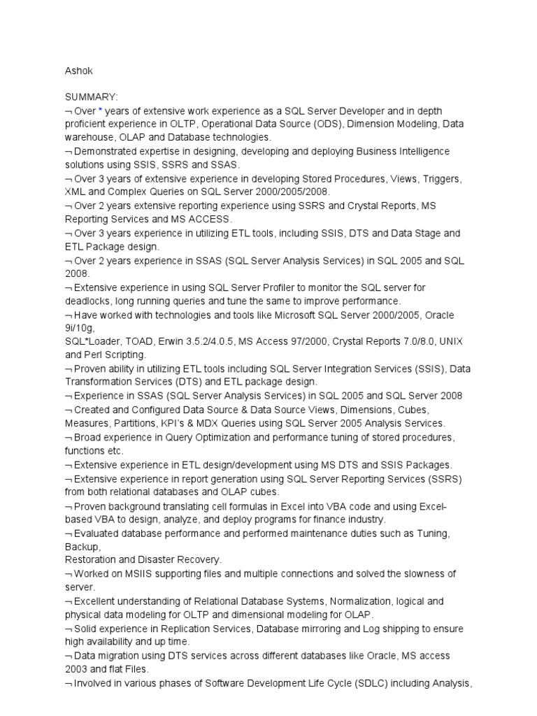 Resume SSIS, SSRS, SSAS, SQL Server Developer | PDF | Microsoft.