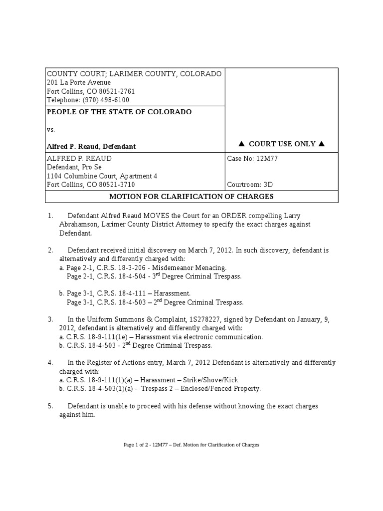 Clarification of Charges Motion | PDF | Defendant | Pro Se Legal ...
