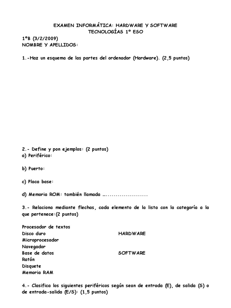 Examen de Hardware y Software 1º ESO | PDF