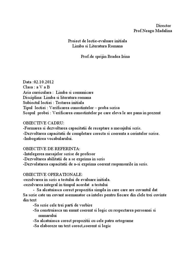 Proiect De Lectie Evaluare Initiala