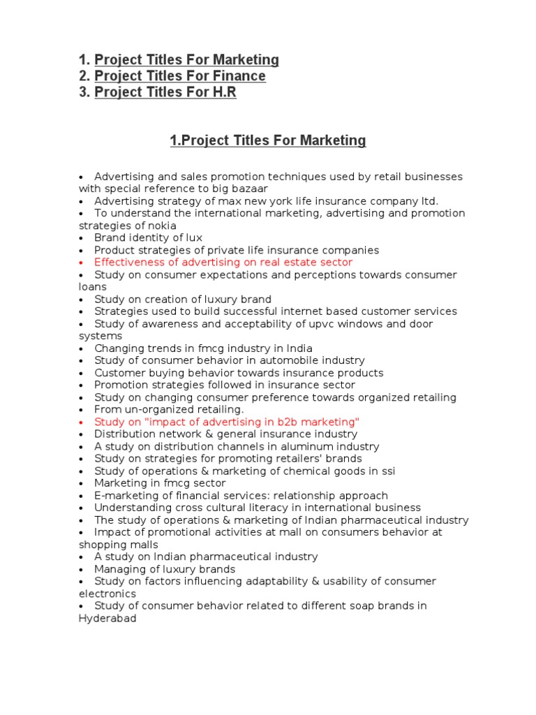 Project Titles for Marketing, Finance, HR | PDF