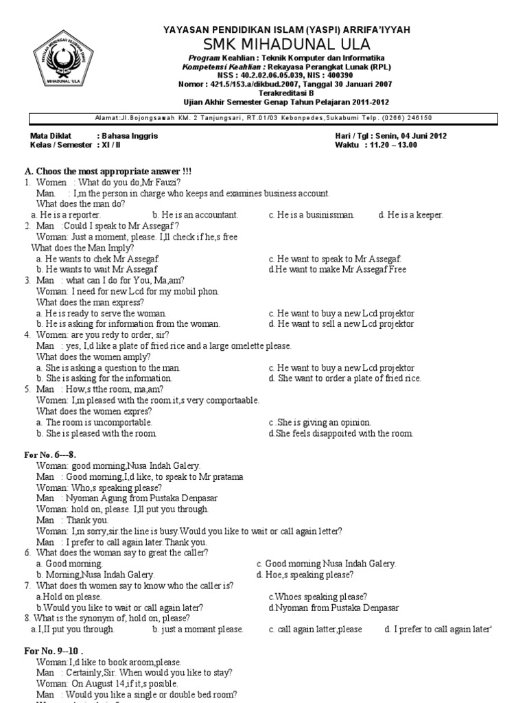 Soal Uas Bahasa Inggris Kelas I Doc Service Industries Industries
