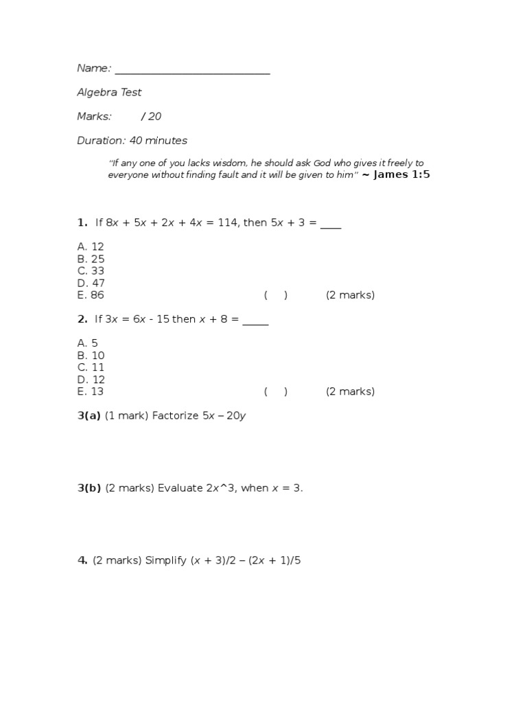 Name: - Algebra Test Marks: / 20 Duration: 40 Minutes | PDF