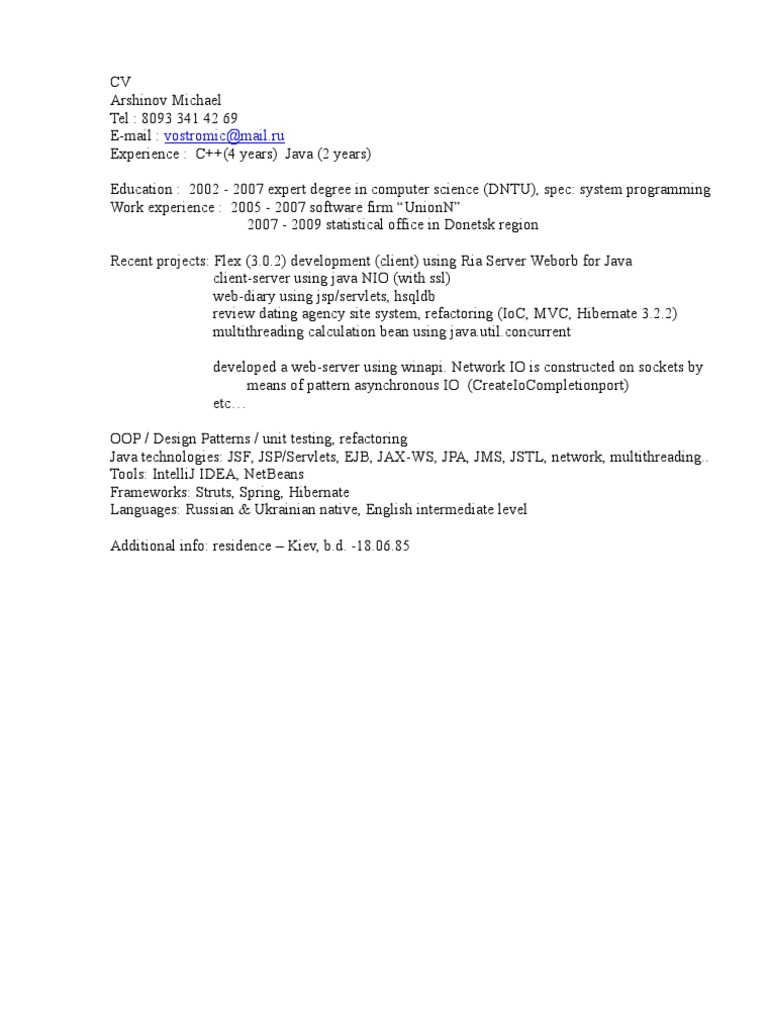 C++ & Java Developer CV - Arshinov Michael | PDF