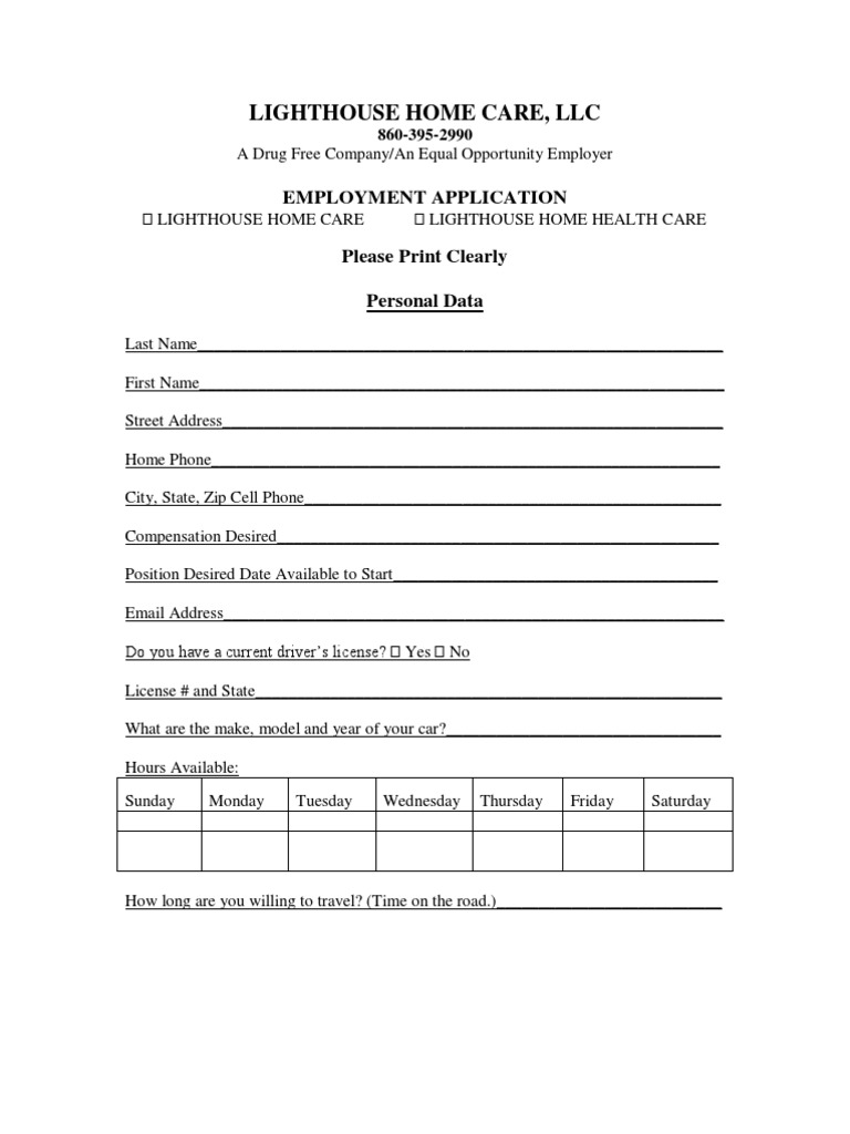 Lighthouse Home Care Employment Application PDF Home Care Drug Test
