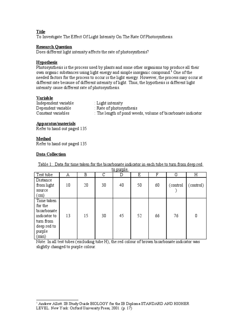 BIO Lab Report 15 Light Intensity on Photosyntesis Photosynthesis