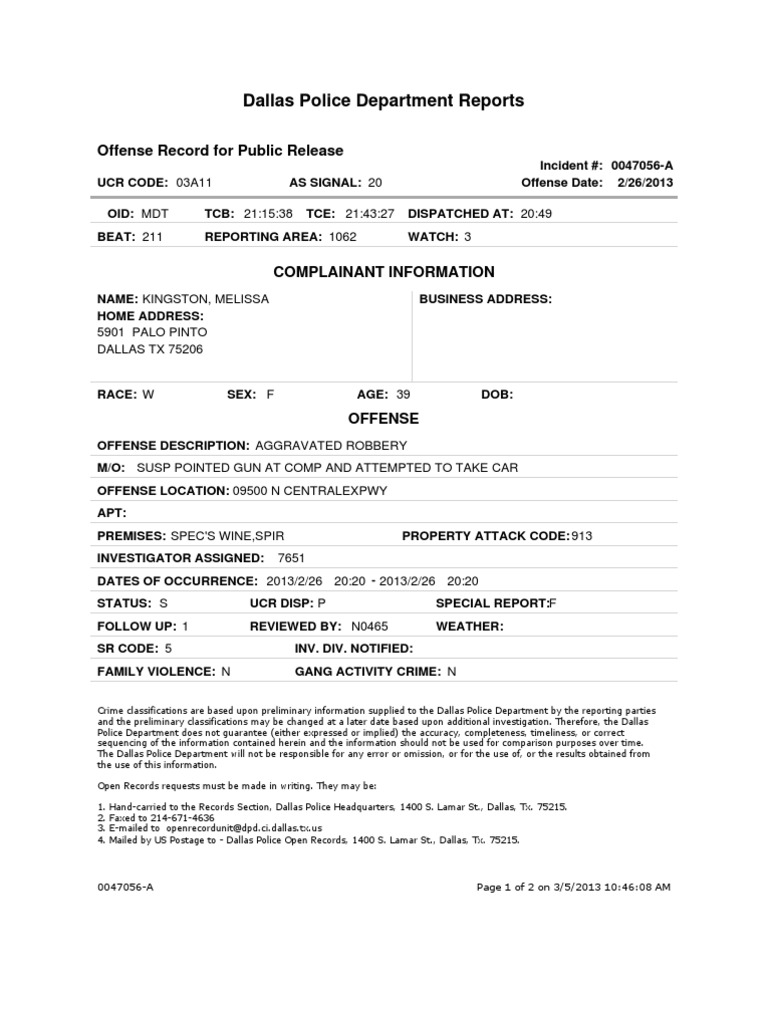 Dallas Police Robbery Report | PDF | Misconduct | Law Enforcement