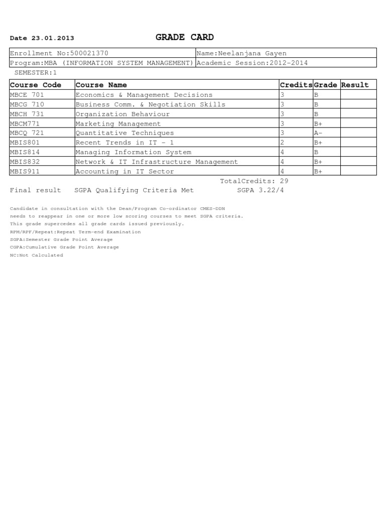Grade Card: Course Code Course Name Credits Grade Result | PDF ...