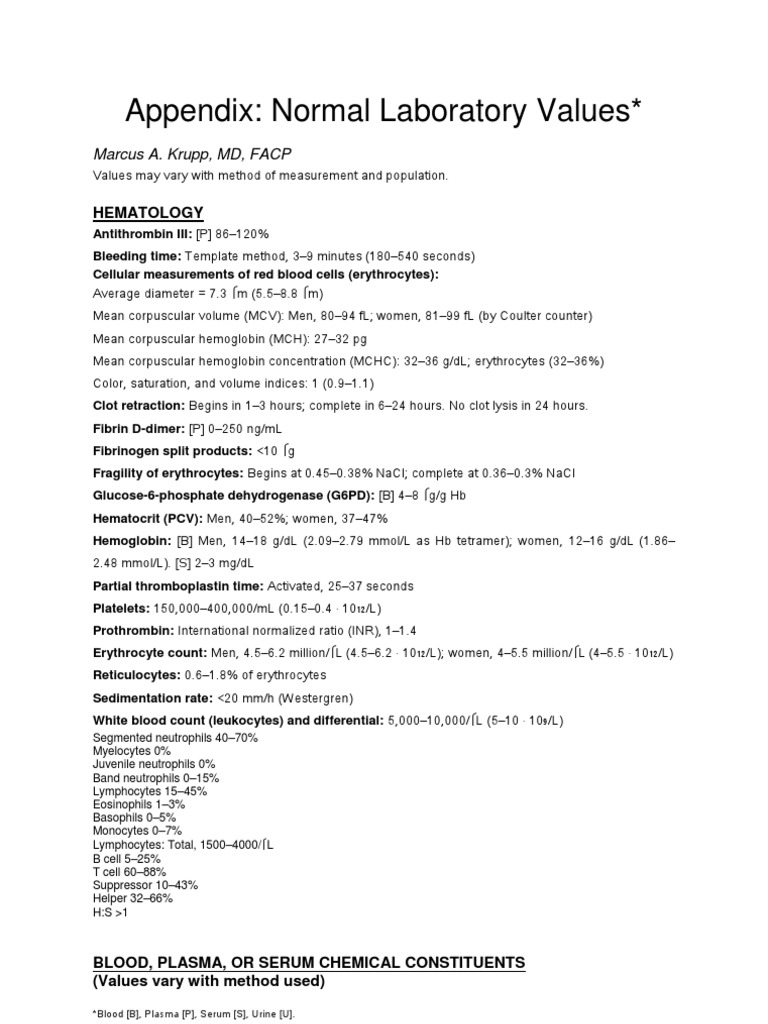 Normal Laboratory Values Overview | PDF | Renal Function | Endocrine System