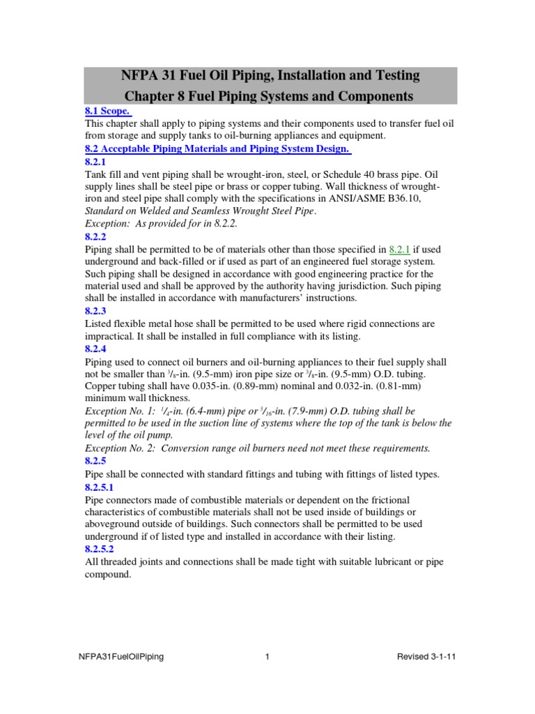 NFPA 31 Fuel Oil Piping, Installation and Testing Chapter 8 Fuel Piping