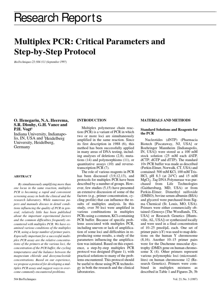 Multiplex PCR Critical Parameters and Step-By-step Protocol | PDF ...