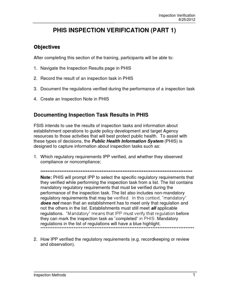 PHIS Inspection Verification Guide | PDF | Verification And Validation ...