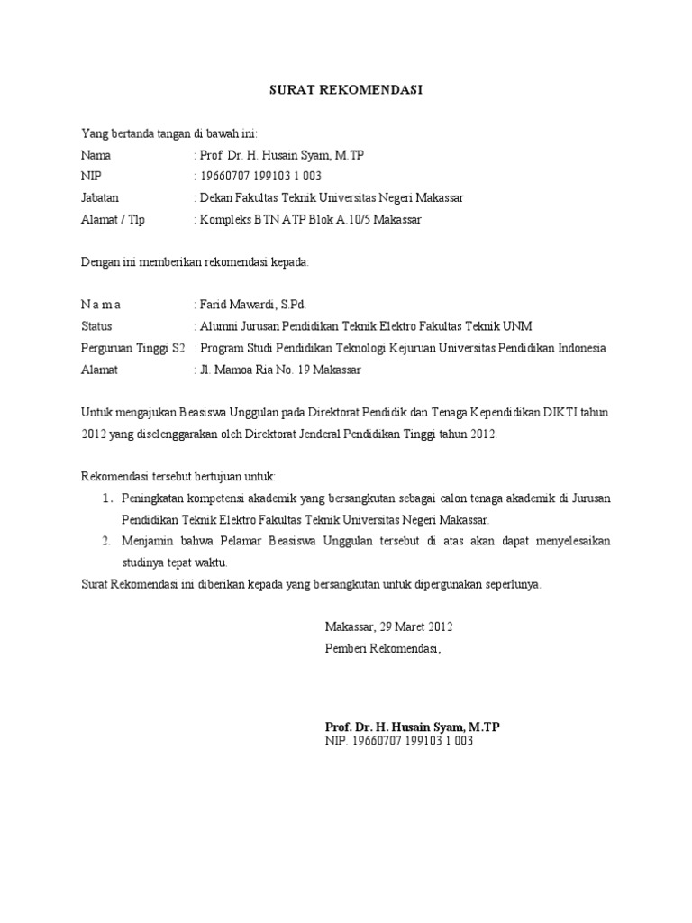 Surat Rekomendasi Beasiswa  Unggulan DIKTI  Surat Rekomendasi Beasiswa  Unggulan DIKTI