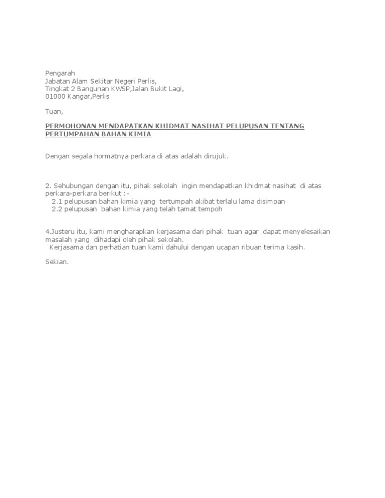 Surat Pemohonan Pelupusan Bahan Kimia Pdf
