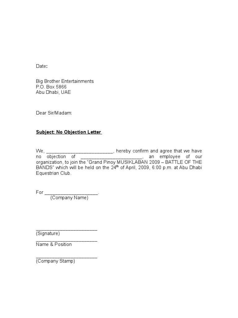 No Objection Letter