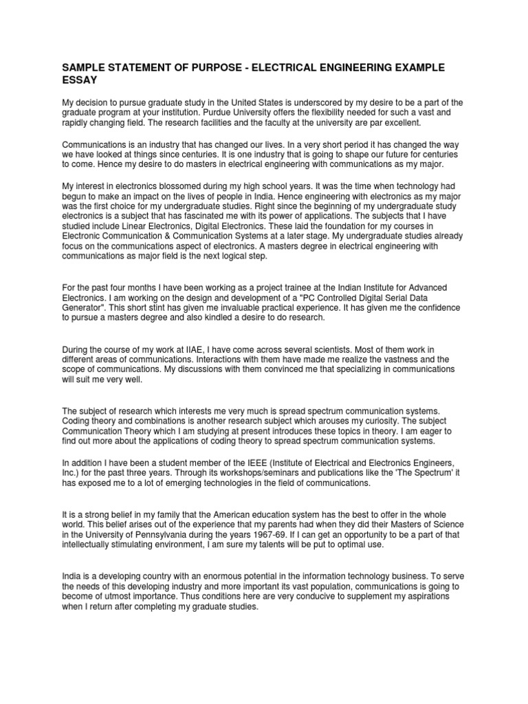 Sample Statement of Purpose | PDF | Graduate School | Electrical 