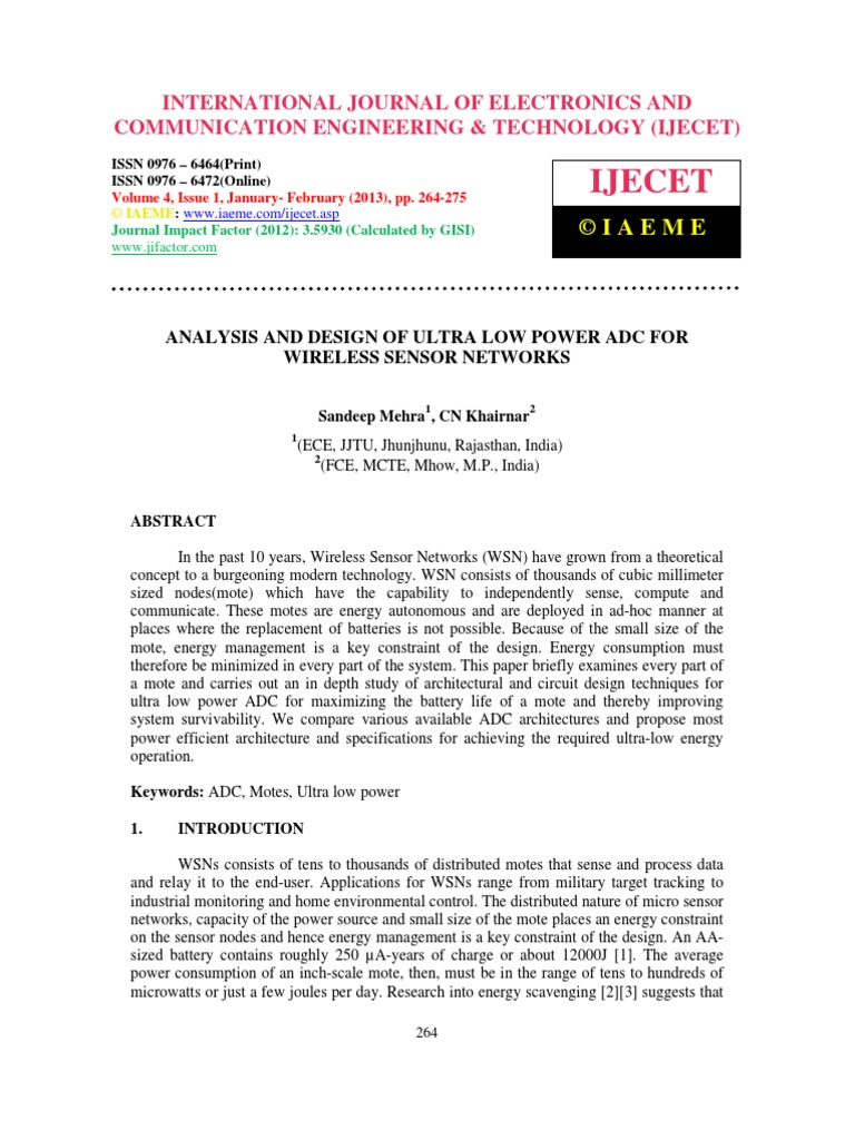 Analysis and Design of Ultra Low Power Adc For Wireless Sensor Networks ...