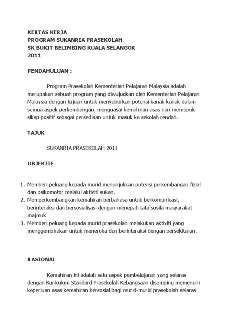 KERTAS KERJA SUKANEKA PRASEKOLAH