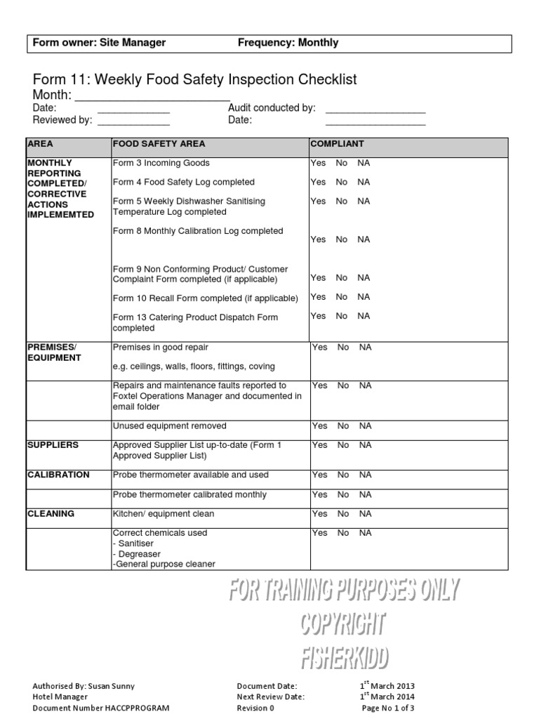 Form Weekly Food Safety Inspection Checklist ...