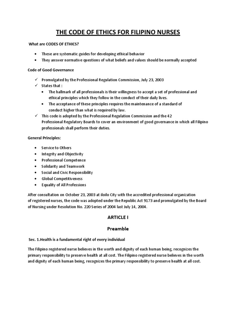 The Code Of Ethics For Filipino Nurses