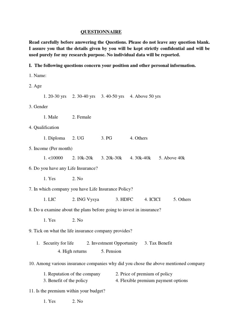 Questionnaire On Customer Perception in Ulips Plan PDF Life