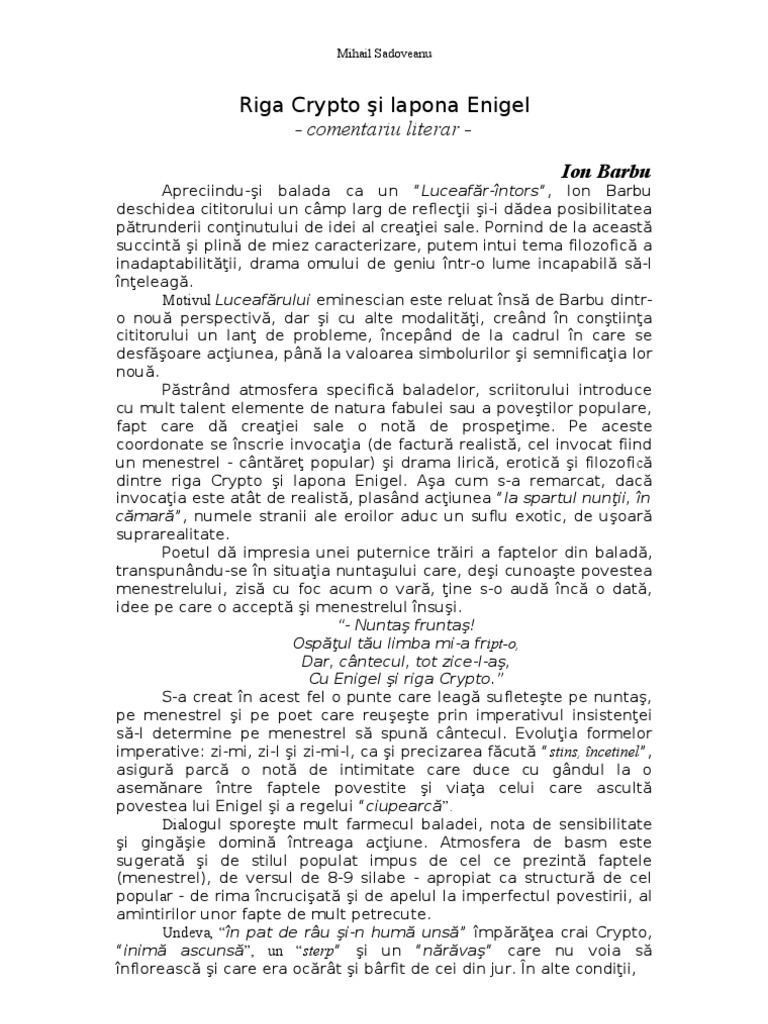 Ion Barbu Riga Crypto Si Lapona Enigel Comentariu Literar | PDF