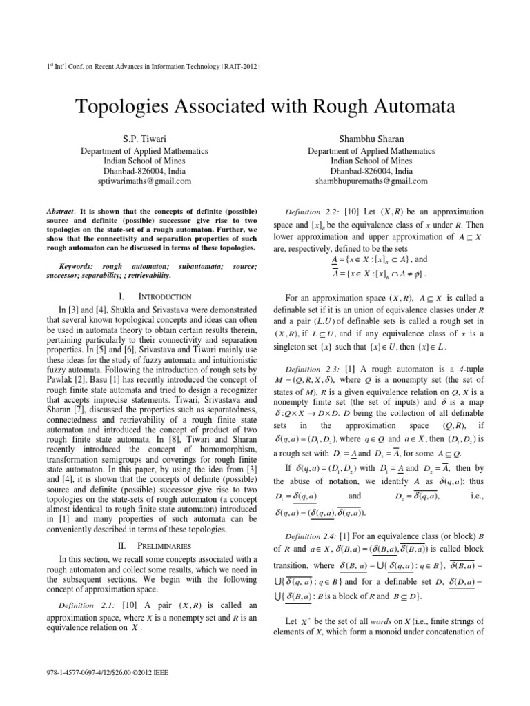 Topologies Associated With Rough Automata Automata Theory Topology