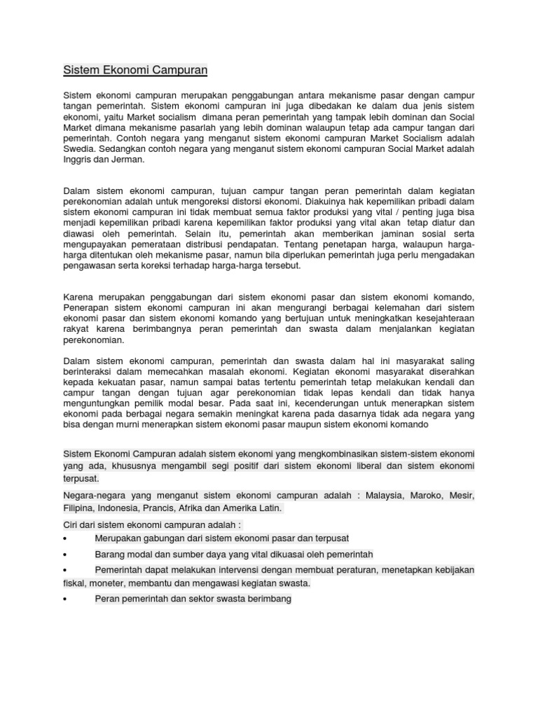 Sistem Ekonomi Campuran Pdf