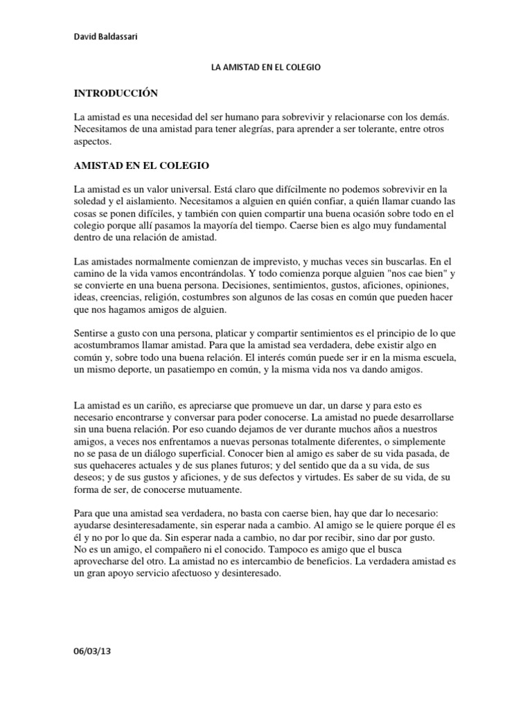 Ensayo La Amistad En El Colegio Pdf Amistad Conocimiento
