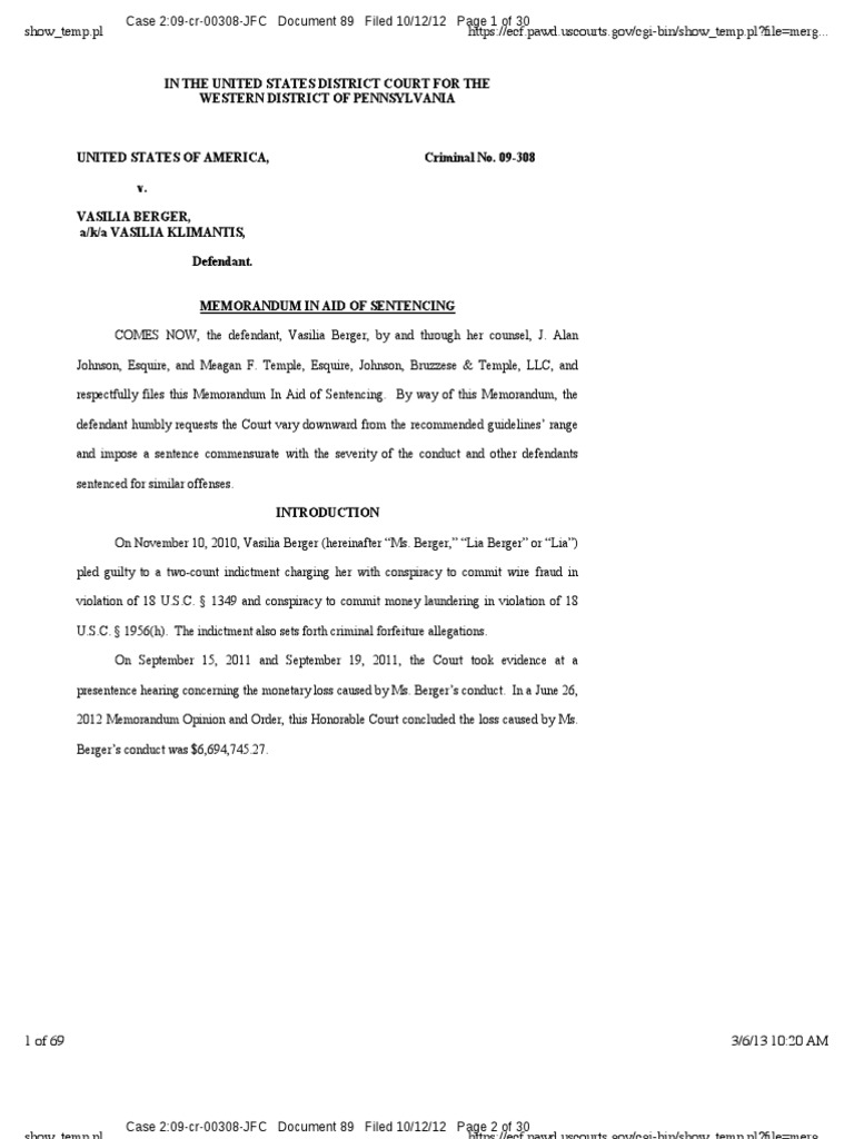 Vasilia Berger Defense Sentencing Memo PDF Supreme Court Of The