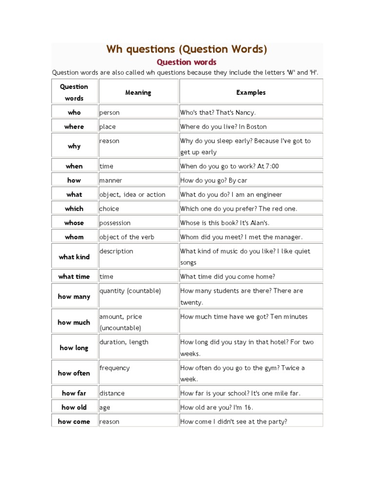 WH Questions (Question Words) | PDF