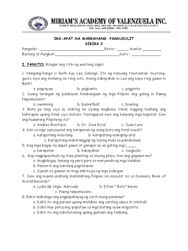 Grade 2 - Ika-Apat Na Pagsusulit (Sibika) | PDF