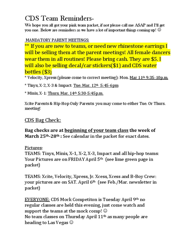 CDS Team Meeting and Event Reminders | PDF