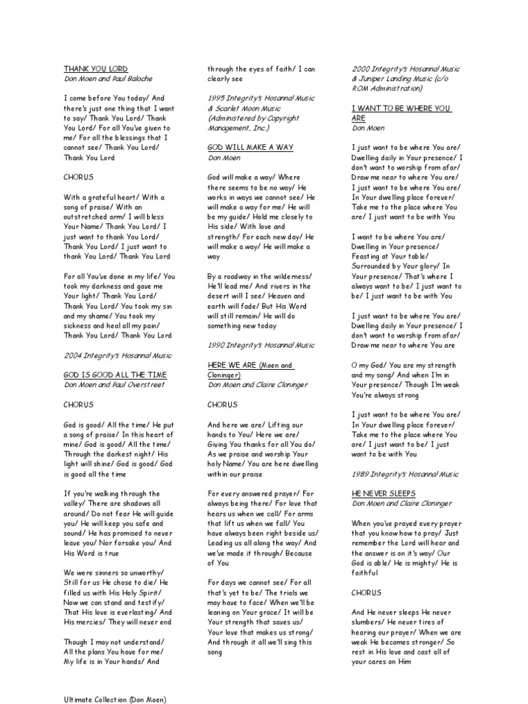 Don Moen lyrics Ultimate Collection Faith Healing Mercy