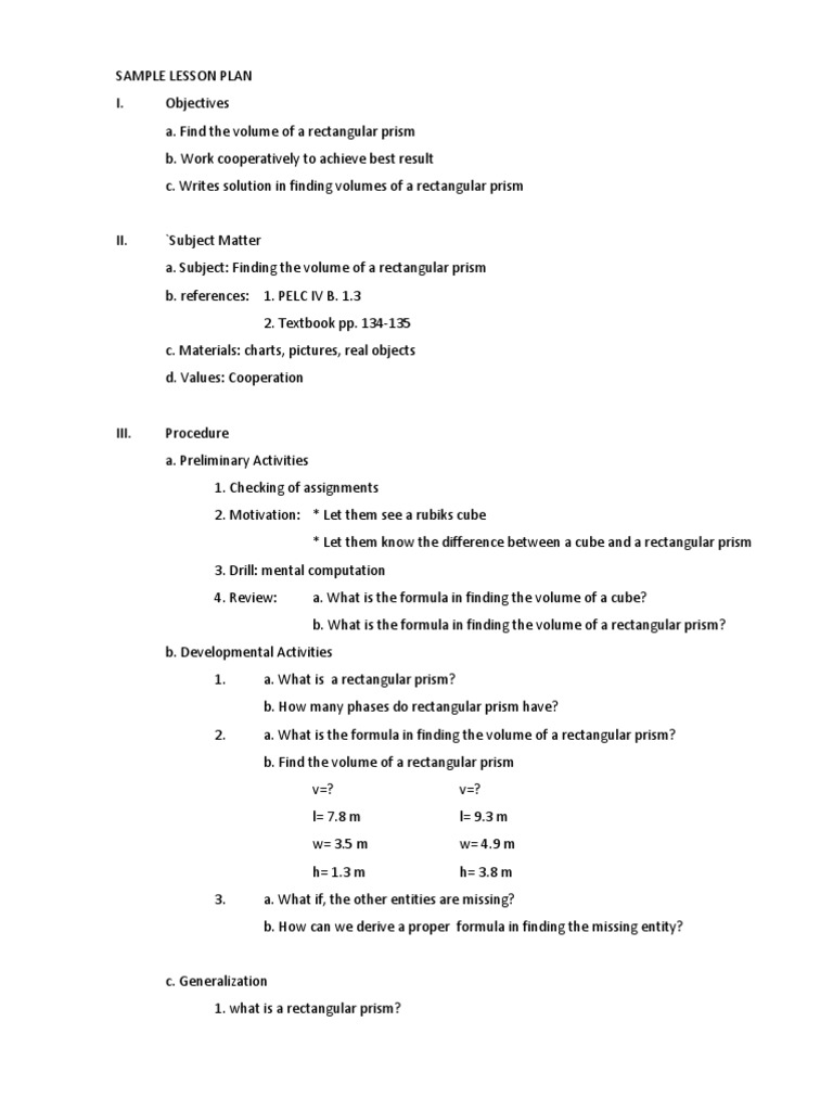 Sample Lesson Plan 4 A's | PDF | Volume | Teaching Mathematics