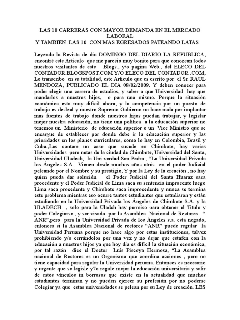 Las 10 Carreras Con Mayor Demanda en El Mercado Laboral | PDF | Perú ...