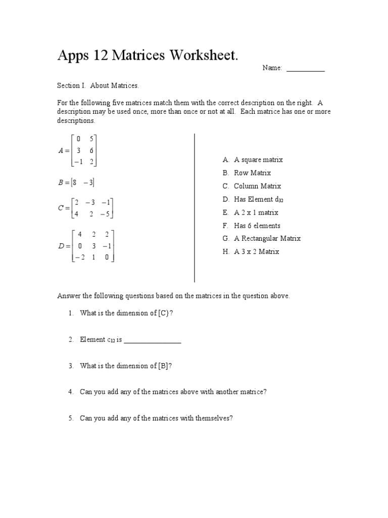 Apps 12 Matrices Worksheet | Scalar (Mathematics) | Matrix (Mathematics)