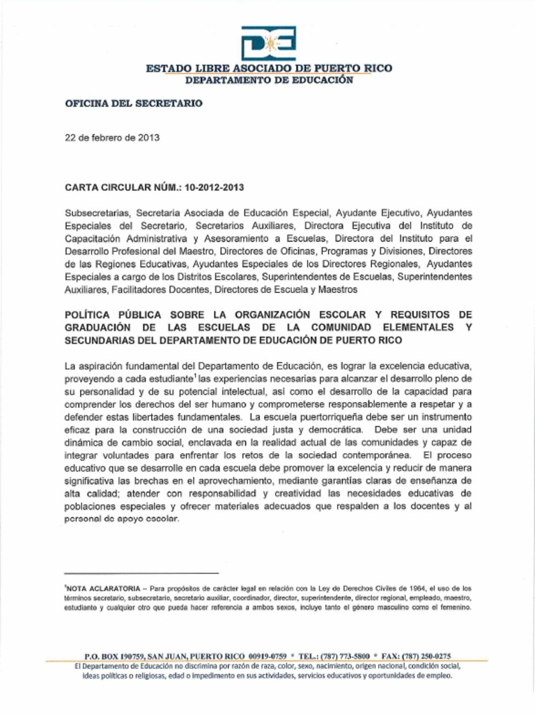 Carta Circular Núm. 1020122013 Política Pública sobre la Organización