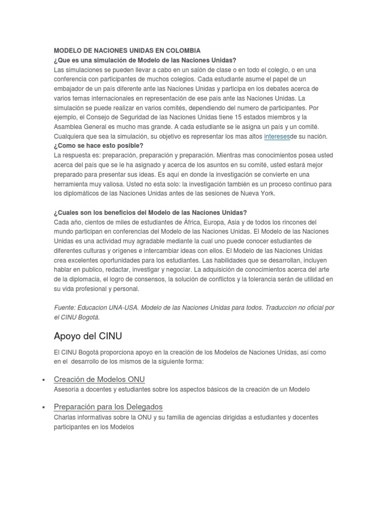 Modelo De Naciones Unidas En Colombia Pdf Naciones Unidas