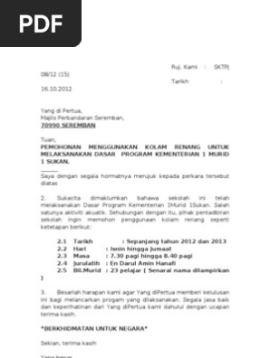 Contoh Surat Rasmi Penggunaan Kolam Renang Bagi Tujuan Program