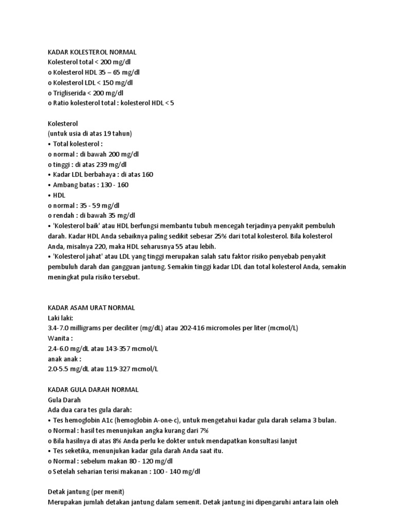 Kadar Kolesterol Normal dan Rujukan | PDF | Pengembangan Diri ...