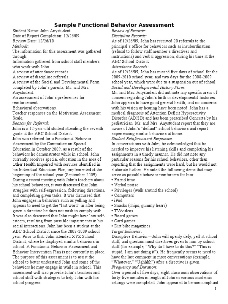 Sample Functional Behavior Assessment S7 | Special Education | Behavior