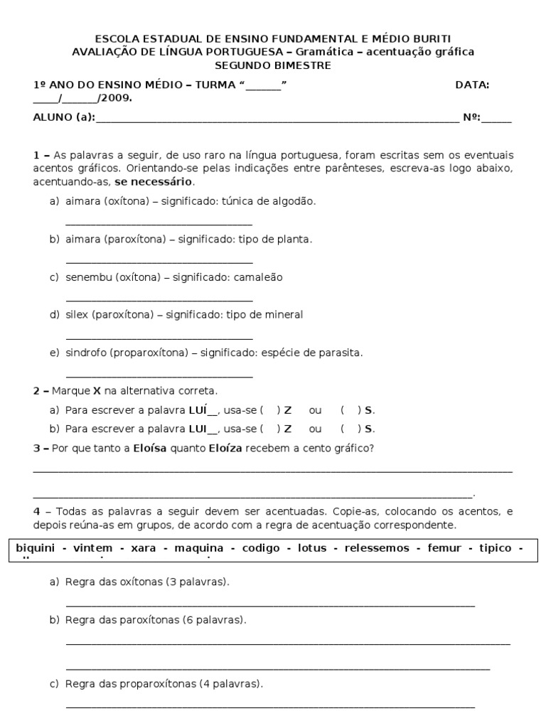 Prova de Português: 1º Ano Ensino Médio | PDF