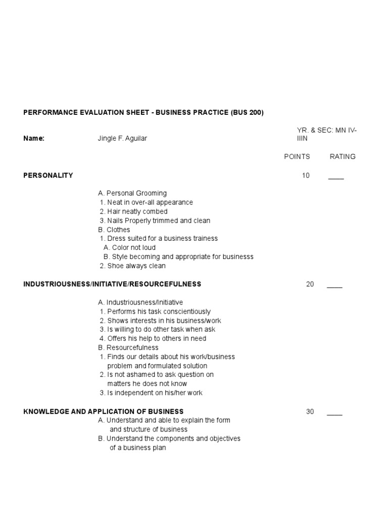 Performance Evaluation Sheet - Business Practice (Bus 200) | PDF ...