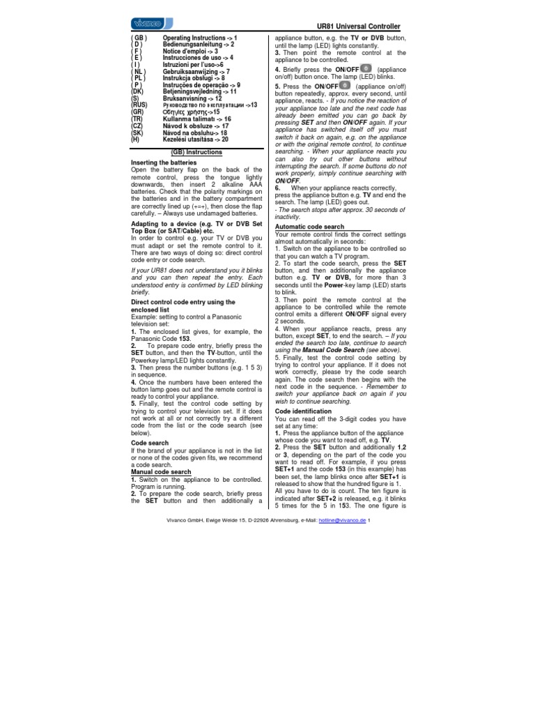 Manual Telecomanda Vivanco Ur81 | PDF | Remote Control | Broadcasting